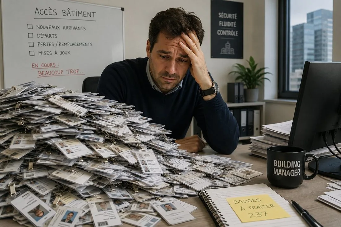 An overwhelmed building manager facing a pile of physical badges to process