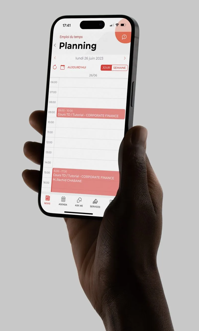 Capture d'écran de l'application Wise Campus affichant le planning de cours