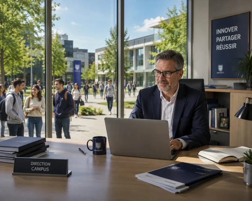 Directeur de campus consultant son ordinateur dans son bureau, avec vue sur le campus et les étudiants