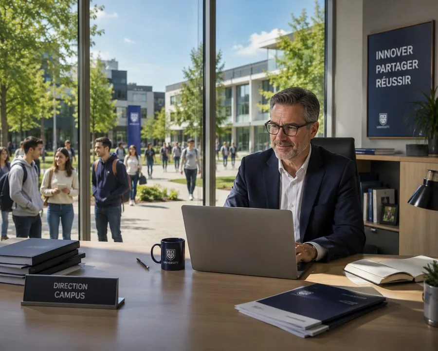 Directeur de campus consultant son ordinateur dans son bureau, avec vue sur le campus et les étudiants