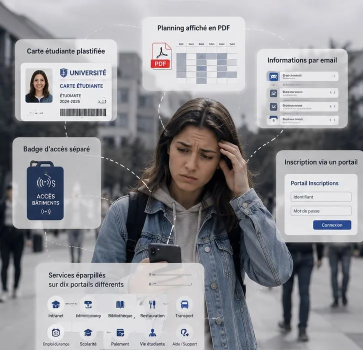 Étudiante débordée face à des services universitaires fragmentés (carte plastifiée, planning PDF, badge séparé, multiples portails)