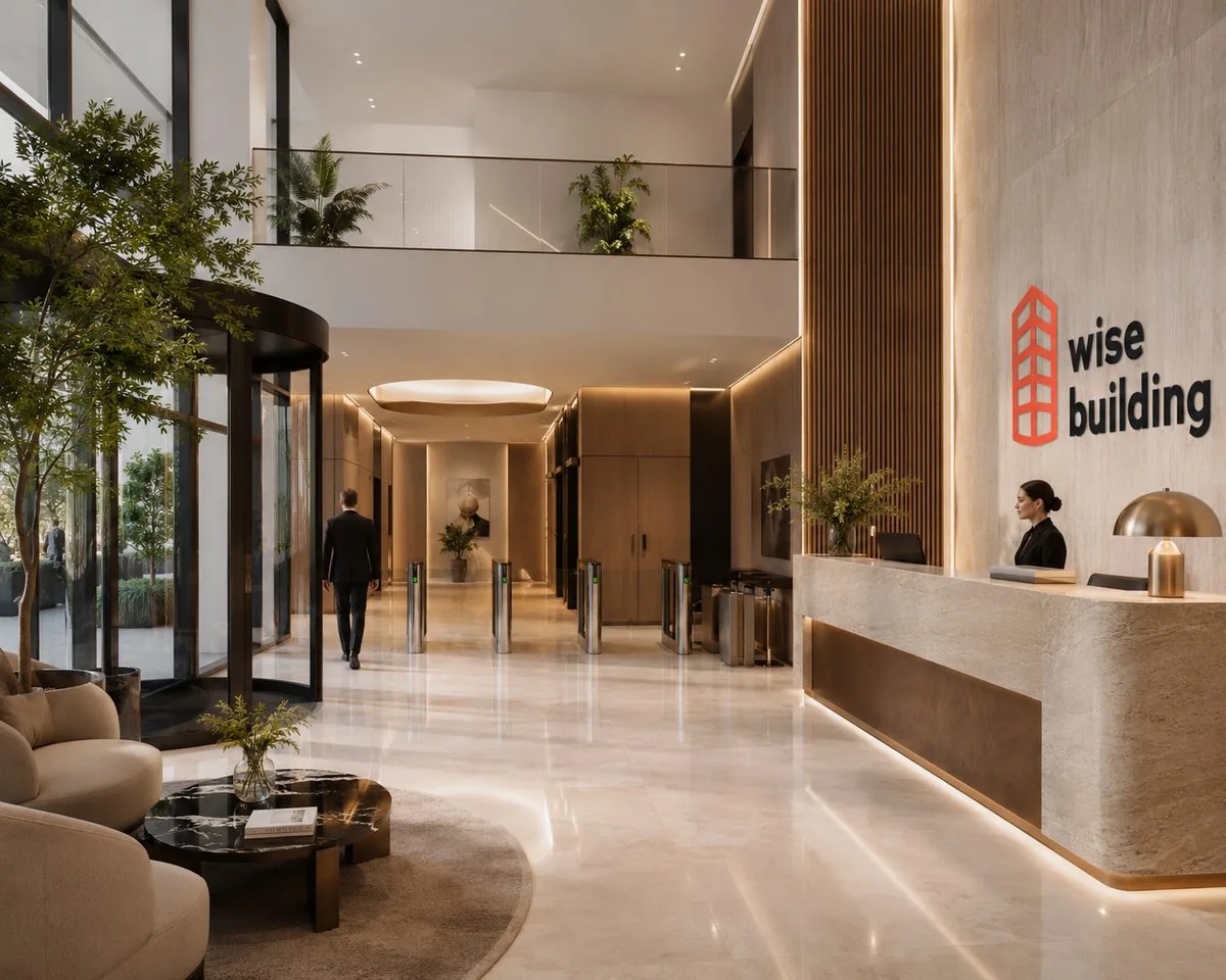Premium building lobby with a Wise Building reception desk